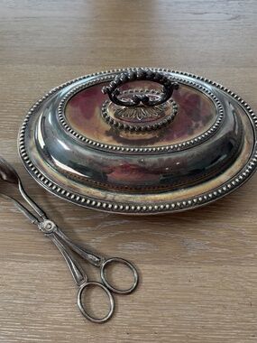Vintage Silver Plate Italy France Serving Tray Lid Tongs Lidded Oval Server 2 3